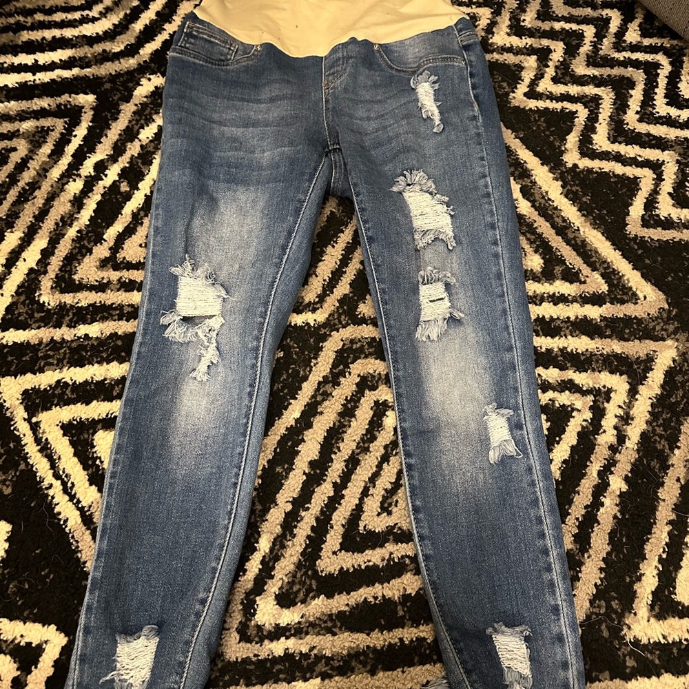 Blue Skinny Distressed Maternity Jeans with Raw Hem